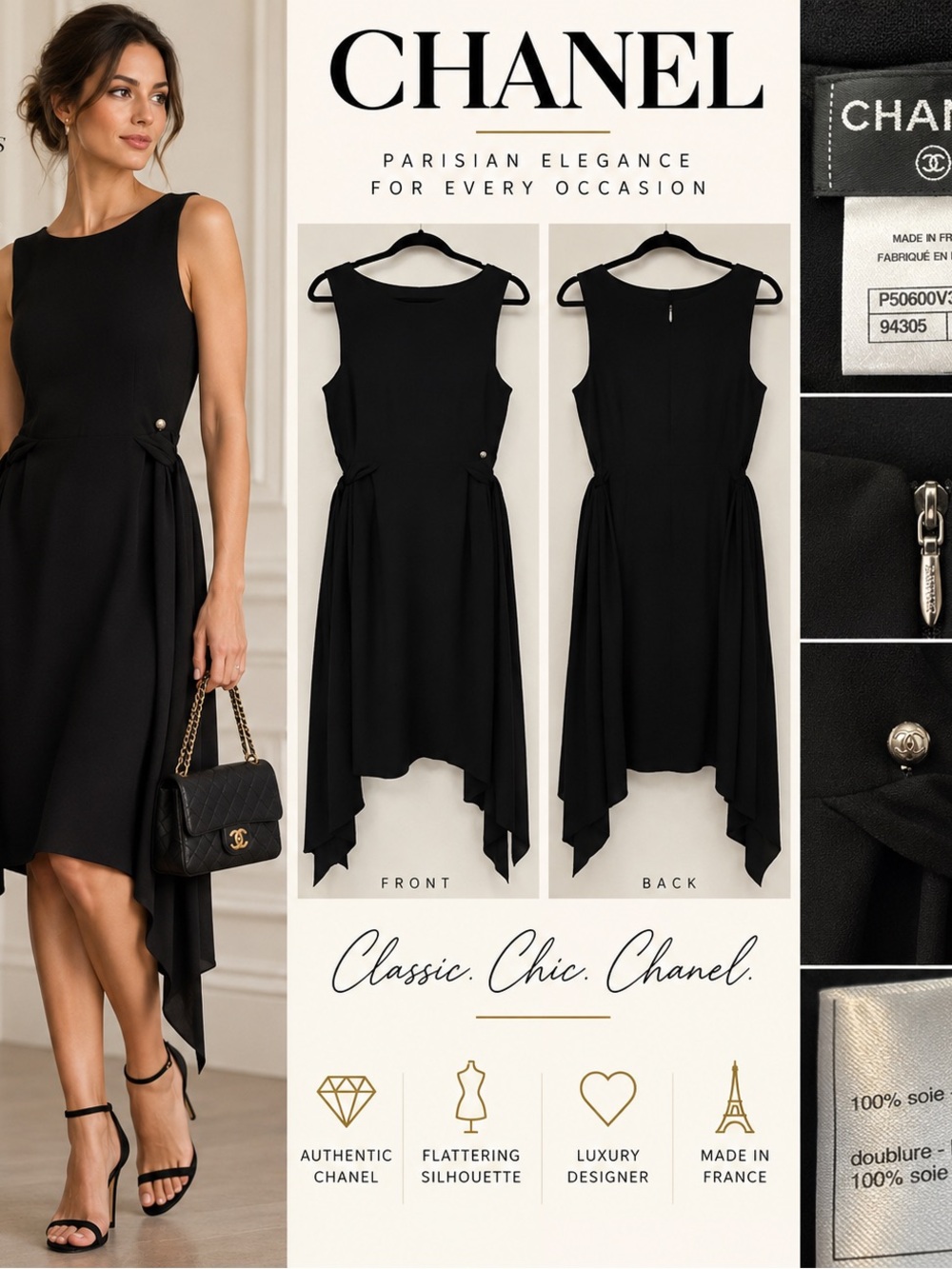 CHANEL Black 100% Silk Draped Asymmetrical Dress Made in France Size 38